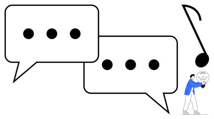 Two speech bubbles, a musical note, and a person holding a glowing lightbulb highlight communication, creativity, collaboration, music, brainstorming, personal growth, and innovation in a simple flat