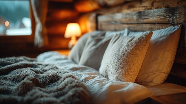 Cozy, warm bed in a rustic log cabin with soft lighting