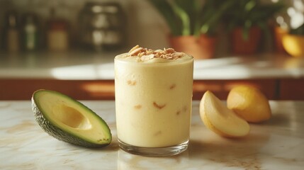 Creamy avocado smoothie in glass topped with nuts, with fruit