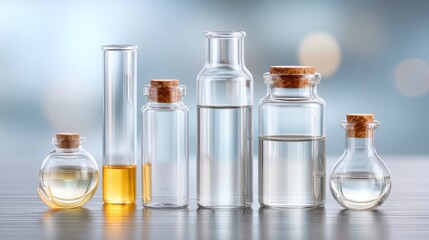 Laboratory still life of glass test tubes and bottles filled with clear and yellow liquids on a reflective surface with blurred bokeh background lighting