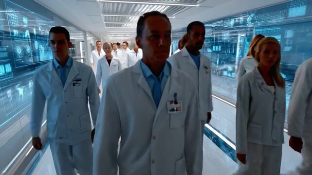 Scientific Processional: Scientists in white lab coats, march confidently along a futuristic corridor, signifying unity and progress in science.