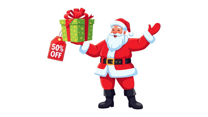 Santa's Festive Offer: A jolly Santa Claus, radiating festive cheer, presents a beautifully wrapped gift box with a prominent 50% Off tag, symbolizing holiday deals and savings. 