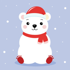 Cute polar bear in Santa hat and scarf with falling snow illustration