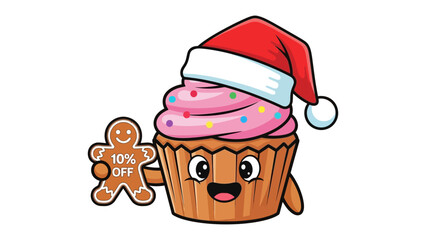 Festive Cupcake: A cheerful cupcake adorned with a Santa hat and holding a gingerbread man with a discount offer. A whimsical holiday-themed image.