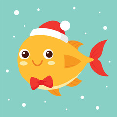 Festive Goldfish Character Wearing Santa Hat with Bow Tie in Winter Wonderland