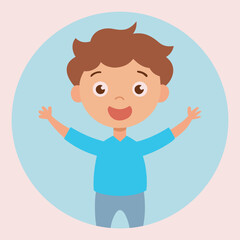 Happy cartoon boy raising his hands with brown hair vector illustration design