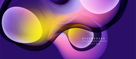 Abstract fluid shapes blend, creating vibrant purple, yellow, pink gradients. Modern design evokes movement, energy, depth. Background features text elements.