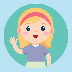 Happy blonde girl waving hello in a cheerful vector illustration design style