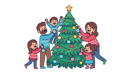 Festive Family Bonding: A joyful family gathers around a vibrant Christmas tree, adorning it with colorful ornaments and spreading holiday cheer.  