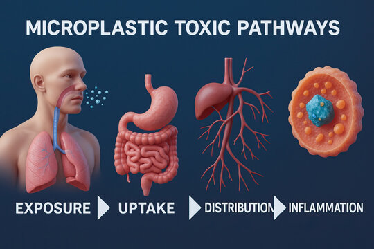 Microplastic contamination in human body pathways showing inhalation and ingestion leading to uptake in gut distribution via bloodstream and inflammation response