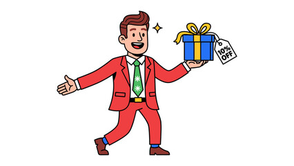 Gift of a Discount: A cheerful person presents a wrapped gift box adorned with a discount tag, symbolizing a special offer, this person's expression exudes excitement and anticipation.
