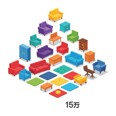 Obraz premium Isometric furniture set: An array of furniture pieces artfully arranged in a vibrant isometric display, showcasing diverse styles and colors, perfect for interior design and home decor concepts.