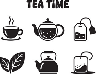 Silhouette Tea Time Elements Set, Kettle, Teacup, Tea Bag, Mint Leaves and Steam Vector Art