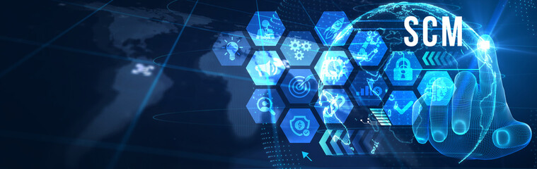 SCM - Supply Chain Management.  Supply Chain Management SCM. Aspects of Modern Company Logistics Processes. 3d illustration