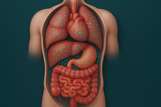 Red human torso with organs showing microplastic contamination illustrated as tiny blue particles highlighting lungs liver stomach and intestines in medical concept image
