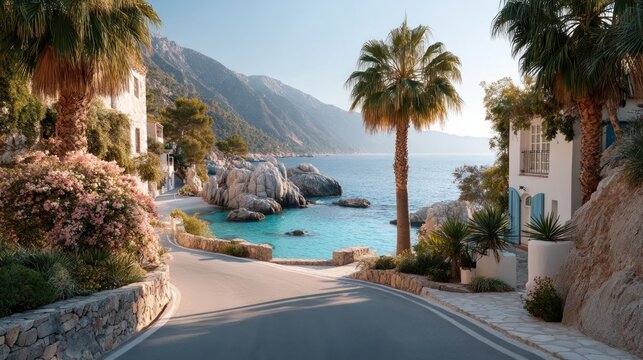 Scenic Winding Road Leads To Crystal Blue Ocean Waters And Rocky Shoreline Lined With White Buildings Pink Flowers And Palm Trees Under Bright Sunlight