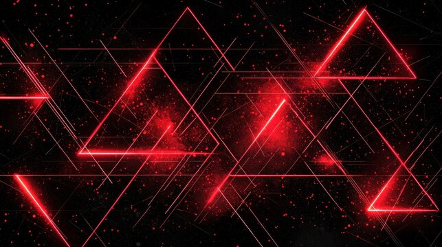 Dynamic intersecting red neon triangles with glowing particles against black