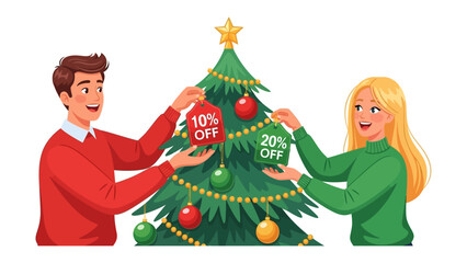 Christmas Deals & Festive Moments: A joyful couple decorates a christmas tree with festive sale tags, creating a warm, inviting image of holiday cheer.
