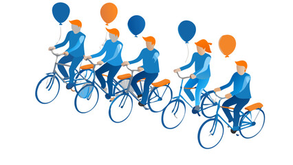Fototapeta premium Group of diverse people riding bicycles together holding balloons celebrating a fun outdoor activity and community event