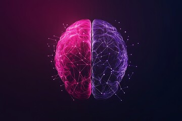 A brain with pink and purple halves connected by a network on a dark gradient background design