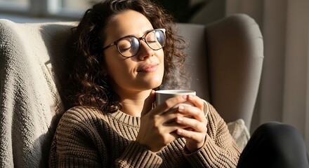 Woman enjoying a quiet moment with coffee in a cozy chair