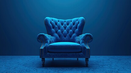 Obraz premium Elegant blue velvet armchair, tufted and ornate, in monochromatic room