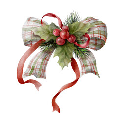 Watercolor Christmas bow with mistletoe, garland and herbs. Digital illustration.	