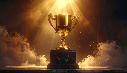 Golden Trophy Shining Under Spotlight on Marble Pedestal