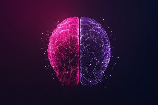 A brain with pink and purple halves connected by a network on a dark gradient background design
