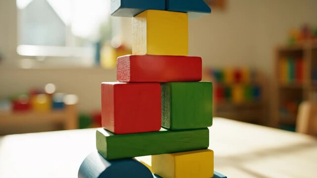Colorful Wooden Blocks Stacked on a Table - A close-up view of a vibrant stack of colorful wooden blocks on a table.
