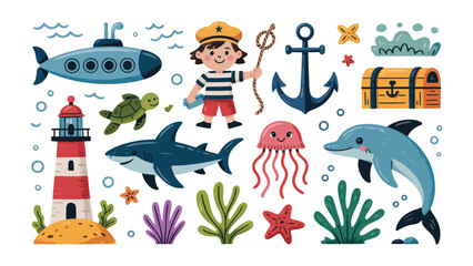 Ocean Adventure: Explore the wonders of the deep sea, with a charming illustration of nautical elements including a lighthouse, submarine, various marine creatures.