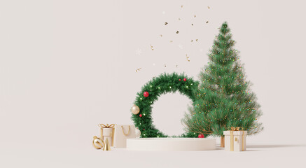 3D render, Christmas tree and wreath with gold gifts and ornaments on beige background