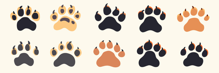 Collection of twelve flat minimalist vector lion paw prints silhouettes with variations in color and design isolated on light background for wildlife and animal tracking concept