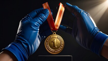 Hands Holding Golden First Place Medal Under Spotlight