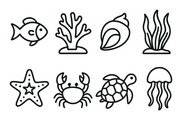 Outlined sea creatures and plants: fish, coral, shell, seaweed, starfish, crab, turtle, jellyfish