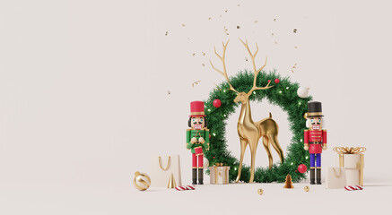 3D render, Golden reindeer and nutcracker soldiers with Christmas wreath and gifts on beige background