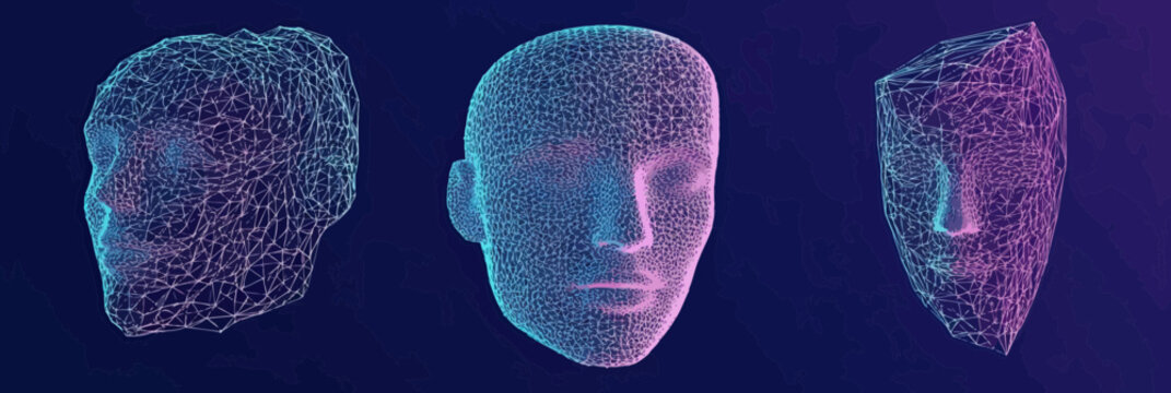 3D polygonal wireframe human faces in blue and purple futuristic style digital mesh technology facial recognition concept vector illustration on dark background