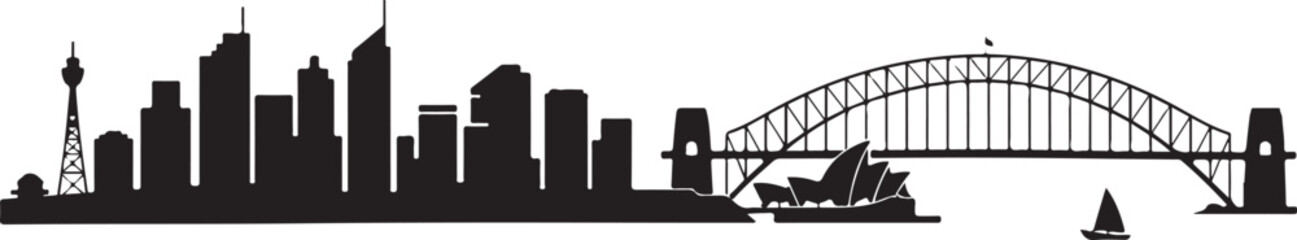 Obraz premium Silhouette skyline of sydney australia famous bridge opera house with sailing boat and towers 130 characters