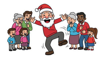 Joyful Gathering: Santa Claus, radiating mirth, interacts amidst an intergenerational family gathering, a vibrant celebration of the festive season.