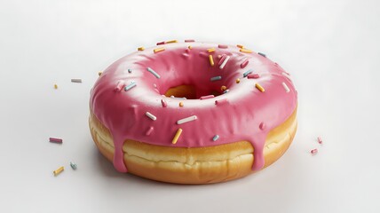 Pink Frosted Donut with Colorful Sprinkles on White Background pink frosting sweet