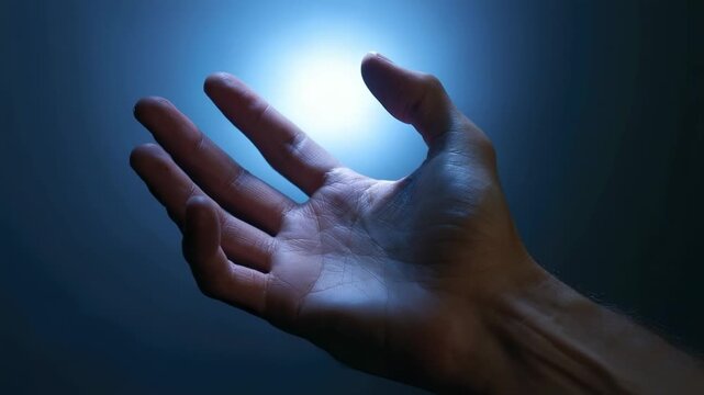 A human hand with an open palm extends towards a bright glowing light source against a dark blue background casting shadows and highlighting the skins texture