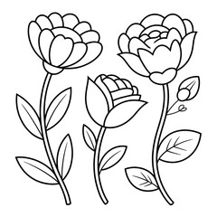A line drawing of three flowers that appear to be tulips coloring page