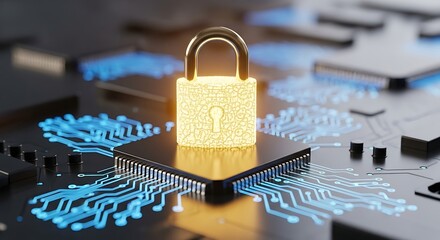 Glowing golden padlock secured on a futuristic circuit board with glowing blue digital data streams representing cybersecurity and data protection concepts