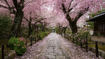 Serene Cherry Blossom Pathway Under Blooming Trees in Tranquil Japanese Garden with Soft Pink Petals on Stone Walkway