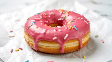 Pink Frosted Donut with Colorful Sprinkles on White Paper pink frosting sweet