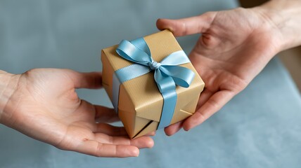 Two Pairs of Hands Holding a Brown Gift Box with a Blue Ribbon and Bow present giving