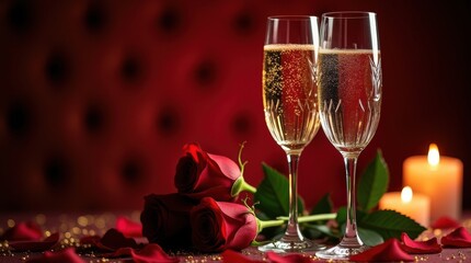 Romantic champagne toast with red roses and candlelight for Valentine's Day celebration or elegant wedding reception