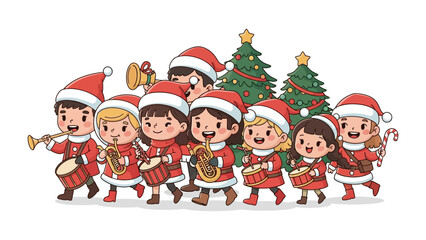 Christmas Carolers Marching Joyfully: a group of children adorned in festive attire gather beneath a glittering Christmas tree, filling the air with holiday cheer as they play musical instruments 