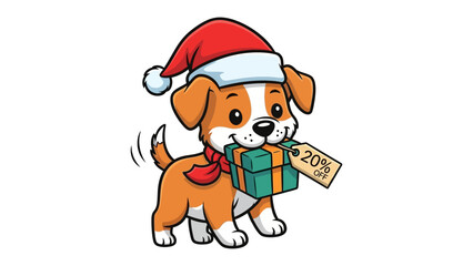 Festive Puppy with Present: An adorable puppy adorned with a Santa hat and a scarf, playfully carrying a gift box with a tag indicating a discount.