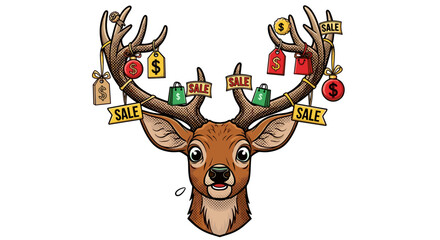 Deer with sale ornaments on antlers for winter sale banner design  